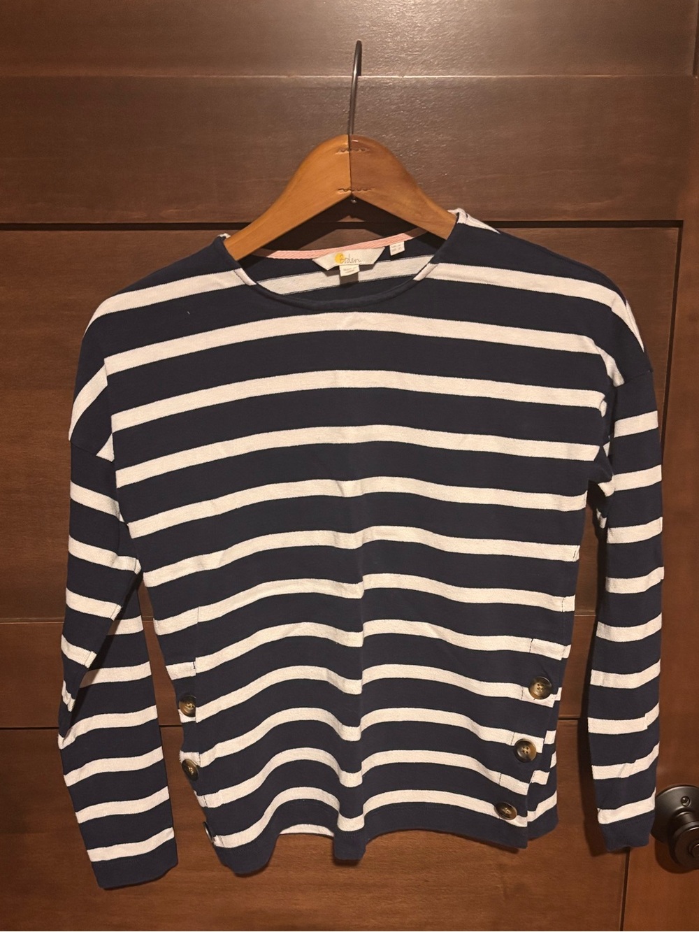 Boden Long Sleeve Top with Navy Stripes and Button Detail. Beach, Nautical